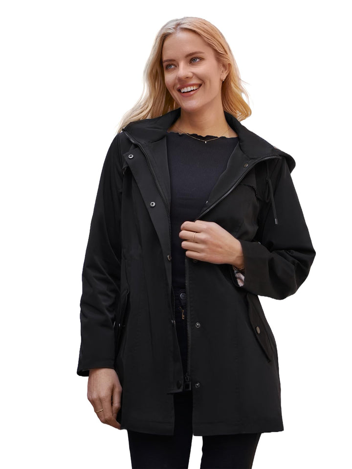 SaphiRose Lange Regenjacke für Damen, Outdoor-Regenmantel, Windbreaker, mit Kapuze XXL Schwarz, XXL