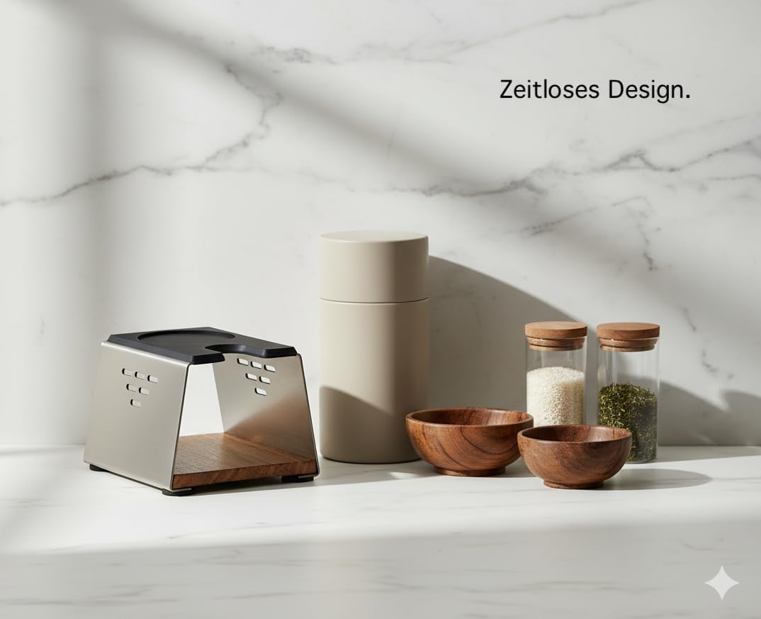 Tamperstation aus Edelstahl &amp; Holz bis 58mm – Rutschfeste Andrückstation für Siebträger | Barista Zu