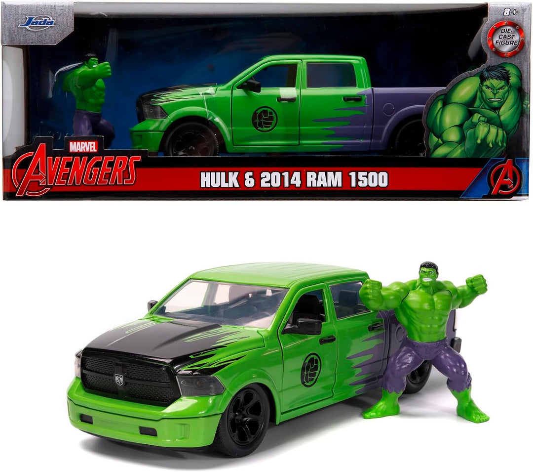 Jada Toys Marvel Hulk Figur mit Modellauto 2014er Dodge Ram 1500 - Set aus Marvel Avengers Sammelfig