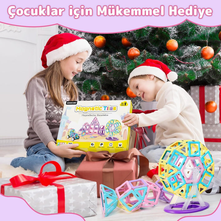 ECHOCUBE Magnetische Bausteine, 70 Teile Magnetische Kacheln mit Magnet Räde Set für Kinder ab 3 Jah