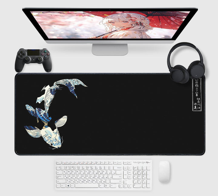 Mauspad XXL,Anime Mousepad 900x400mm Japanischer Koi Mauspad Gaming mit Rutschfester Gummibasis,Gena