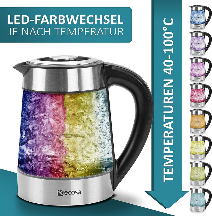 Glas Wasserkocher 1,7 Liter | 2200 Watt | Edelstahl mit Temperaturwahl | Teekocher | 100% BPA FREI |