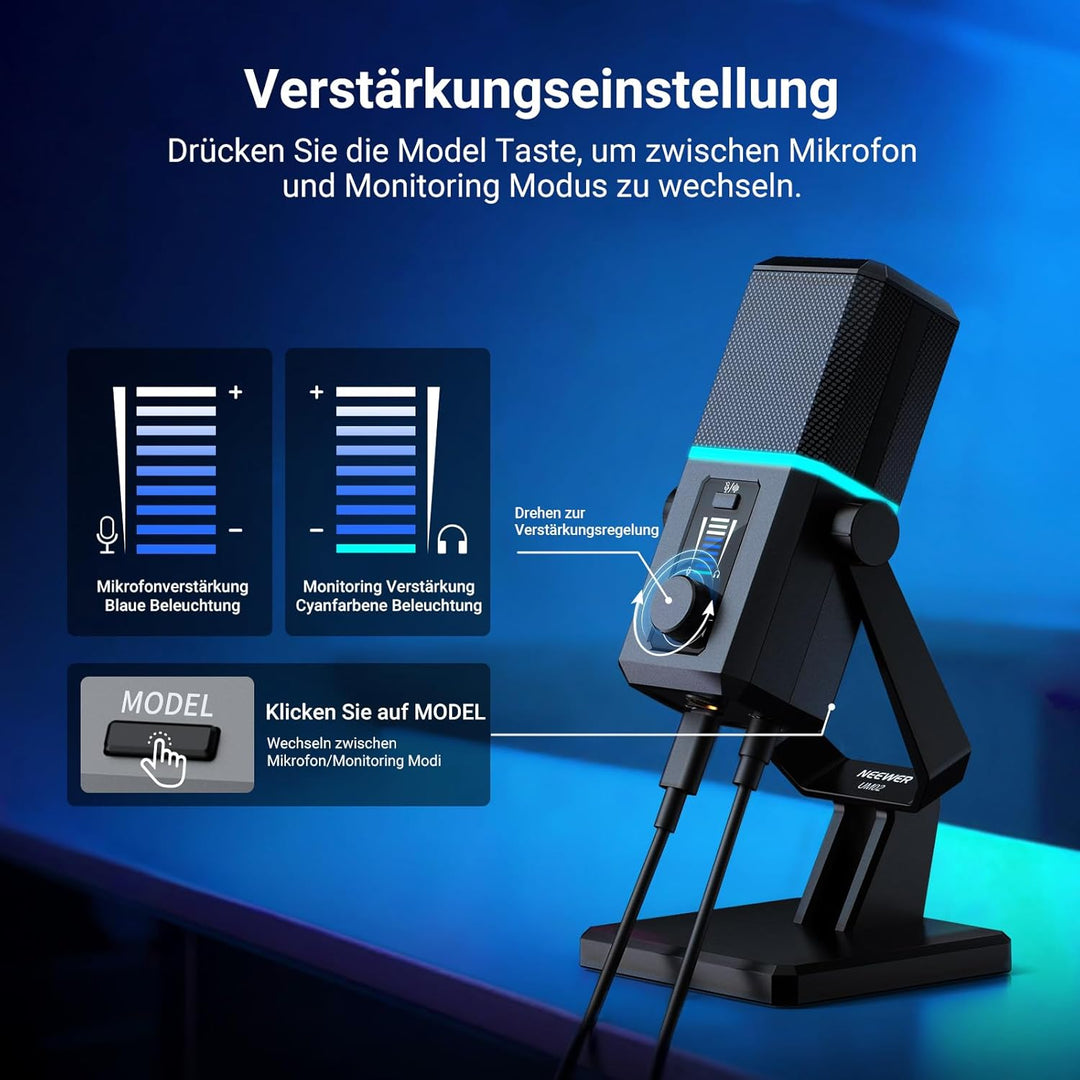 NEEWER RGB USB Mikrofon für Gaming Streaming Podcasts, Nierencharakteristik Kondensator Microphone m