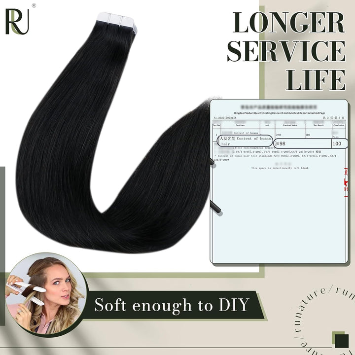 RUNATURE Tape in Extensions Schwarz 30cm Seamless Invisible Haarverlängerung 20 Stück 30g #1 30.48 c
