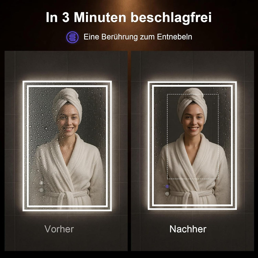 Youyijia Spiegel Mit Beleuchtung, Badspiegel Mit Beleuchtung Mit Touch-Schalter Beschlagfrei, 3 Lich