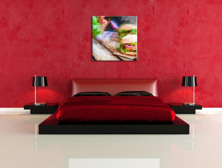 Pixxprint Leckere Burger Pinsel Effekt, Format: 70x70 auf Leinwand, 70x70