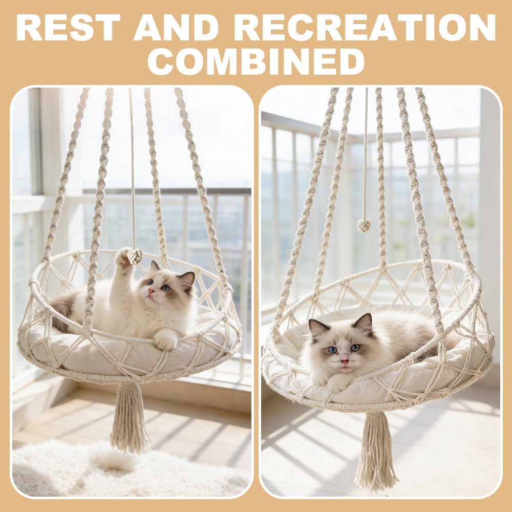 Katzenschaukel, HOVCEH Boho Makramee Katzen Hängematte mit Katzenspielzeug-Stick, 40cm Katzenhängema