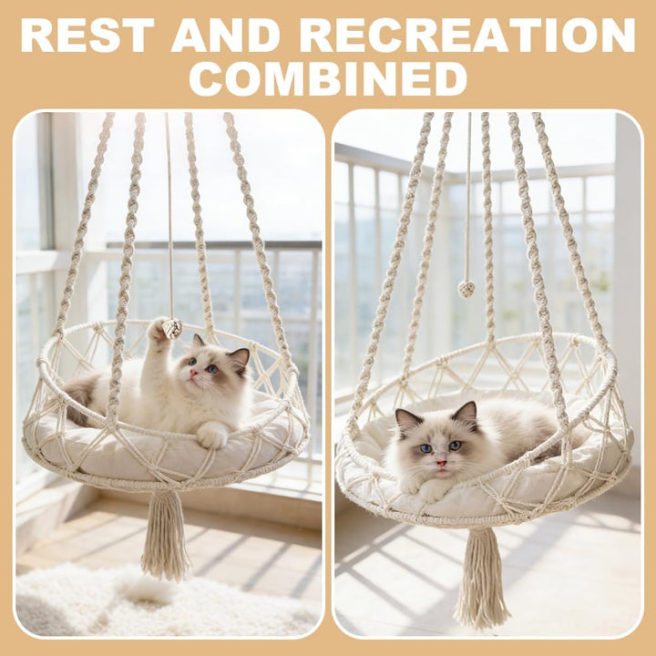 Katzenschaukel, HOVCEH Boho Makramee Katzen Hängematte mit Katzenspielzeug-Stick, 40cm Katzenhängema