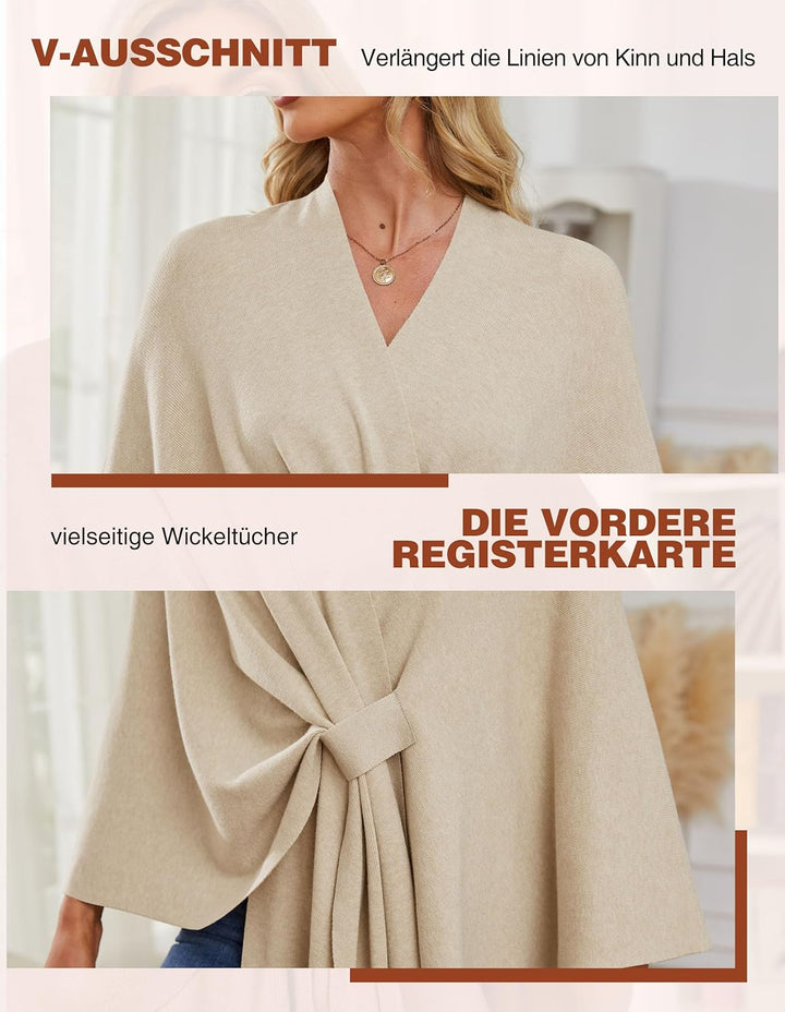 PULI Damen Elegant Poncho Strick Ponchos Capes Vorne öffnen Vielseitige Schalwickel mit Lasche Barle