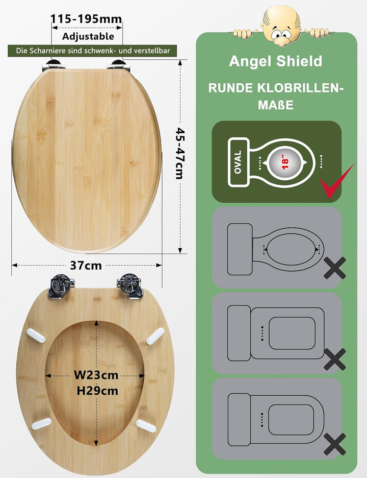 Angel Shield WC-Sitz aus Bambus, mit Absenkautomatik, Oval, mit Schnellverschluss, verstellbare Scha