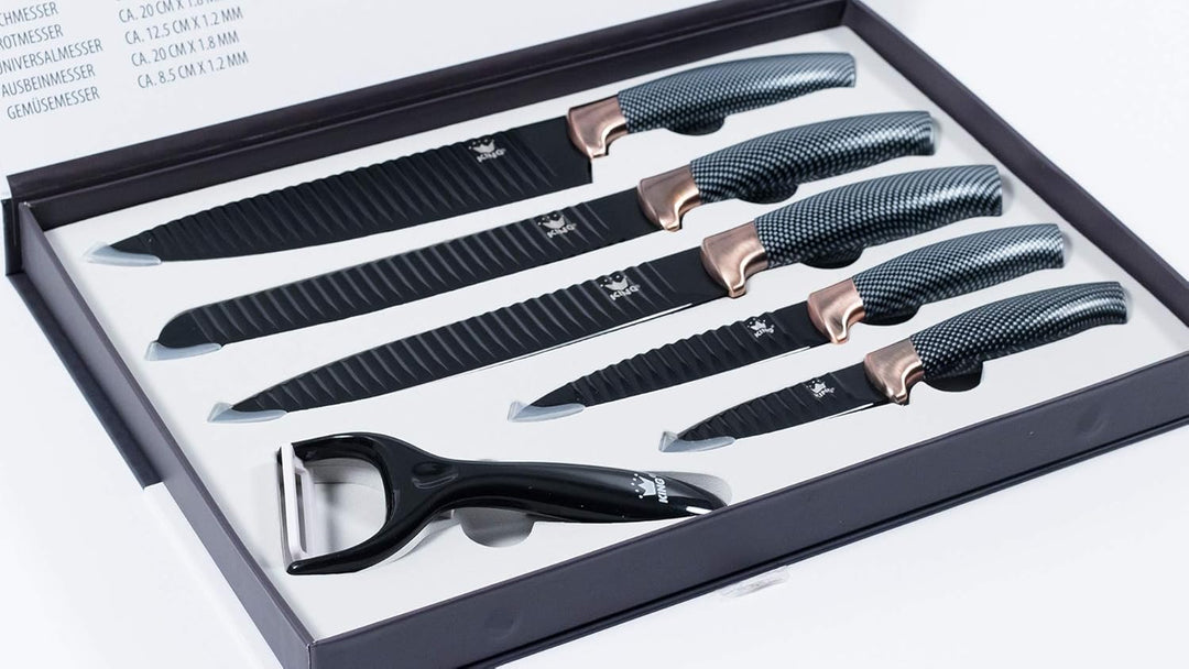 KING Messer-Set mit Sparspäler, in Carbon-Optik, Schwarz/Roségold, 6-teilig