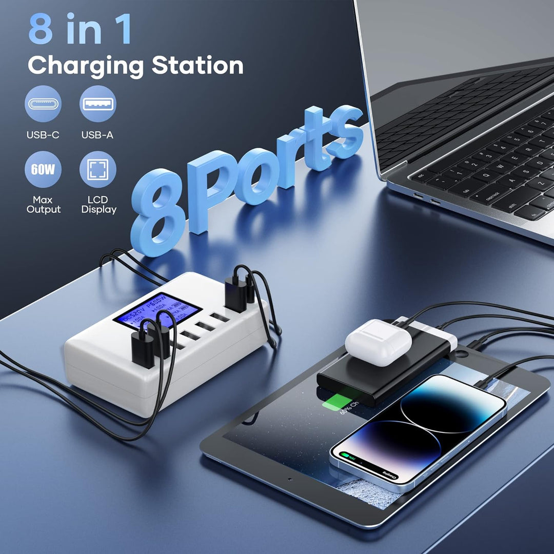 USB Ladegerät, 60W 8 Ports USB Ladestation 12A USB C Ladegerät mit LCD Display für mehrere Geräte, U
