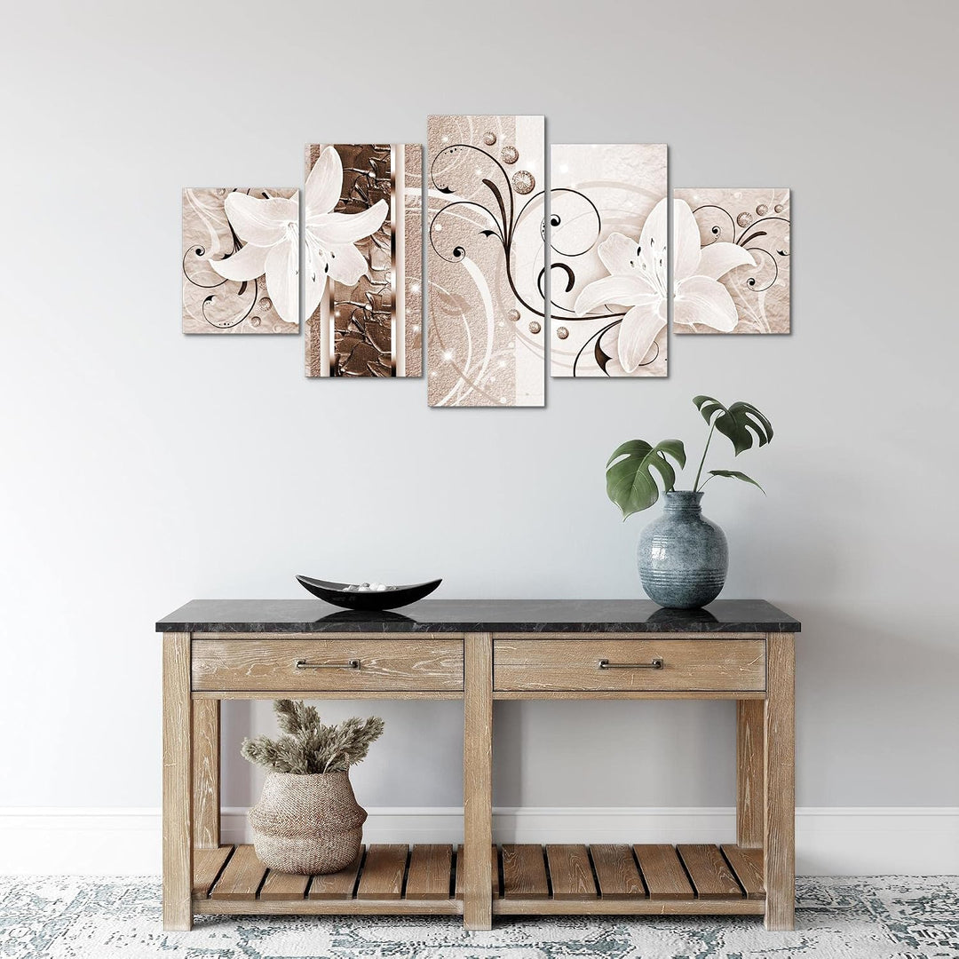 Runa Art Wandbilder Blumen Lilien 5 Teilig Bild auf Vlies Leinwand Deko Wohnzimmer Abstrakt Biege Br