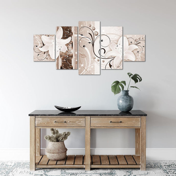 Runa Art Wandbilder Blumen Lilien 5 Teilig Bild auf Vlies Leinwand Deko Wohnzimmer Abstrakt Biege Br