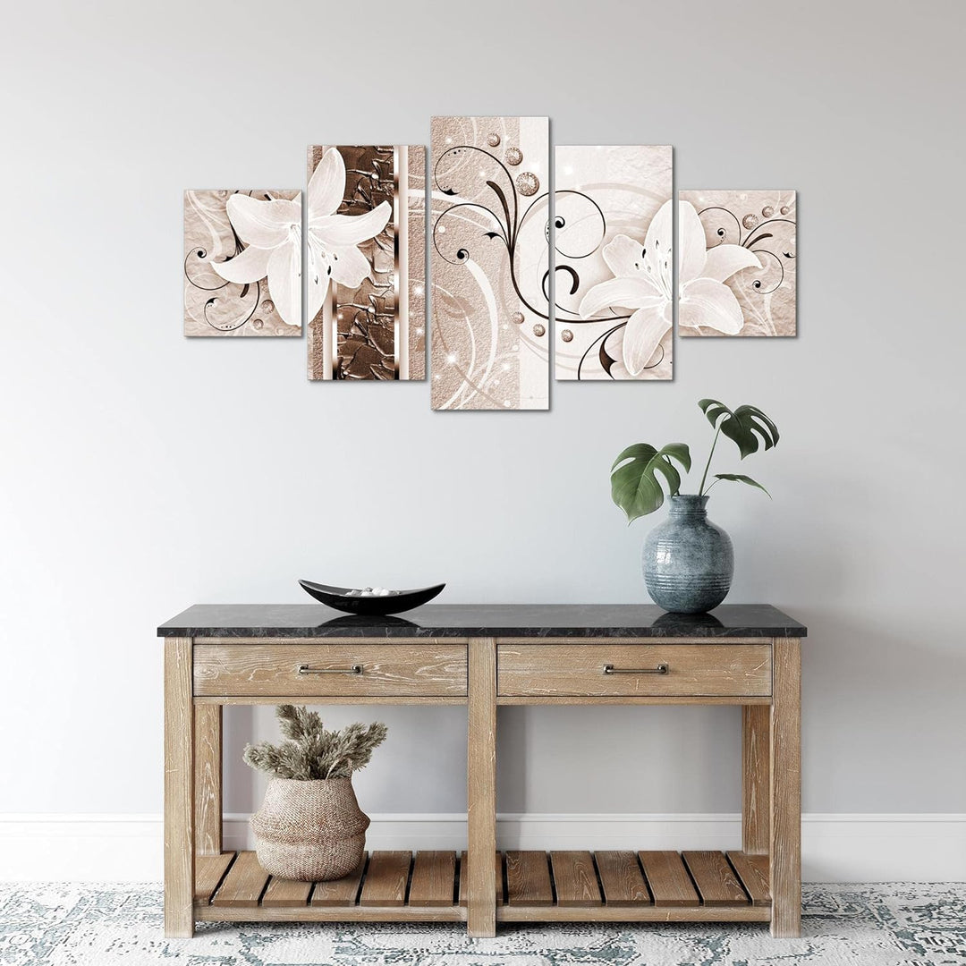 Runa Art Wandbilder Blumen Lilien 5 Teilig Bild auf Vlies Leinwand Deko Wohnzimmer Abstrakt Biege Br