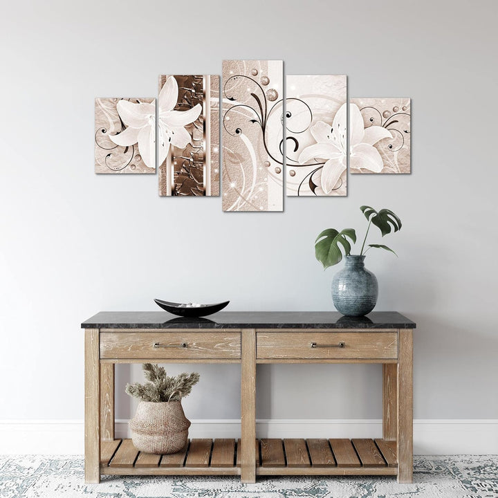 Runa Art Wandbilder Blumen Lilien 5 Teilig Bild auf Vlies Leinwand Deko Wohnzimmer Abstrakt Biege Br