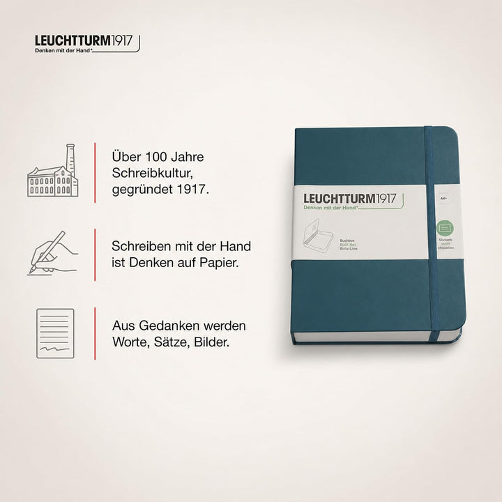LEUCHTTURM1917 361662 Buchbox - Schachtel, Notizbuch-Look, 255 x 329 x 60 mm, mit Aufklebern, Gummi,