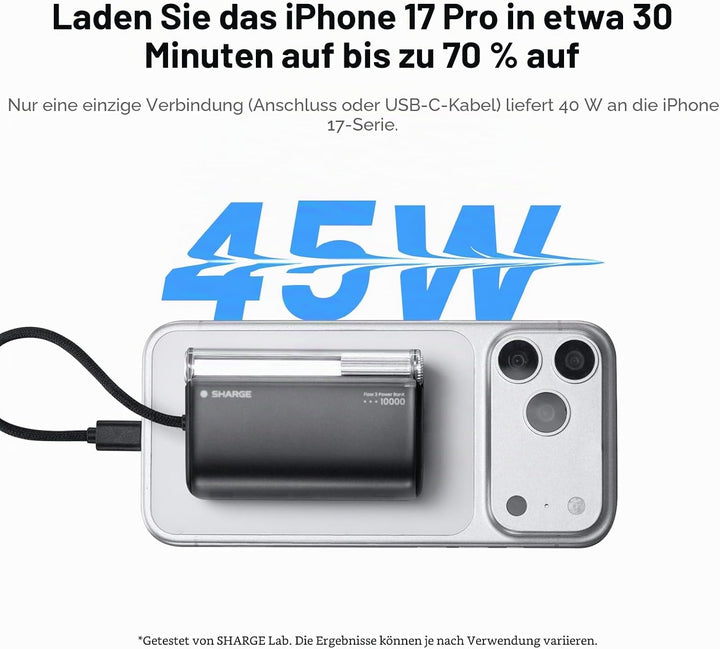 SHARGE 10000mAh Powerbank 45W mit USB C Kable integriert, Powerbank klein P3-BL, P3-BL