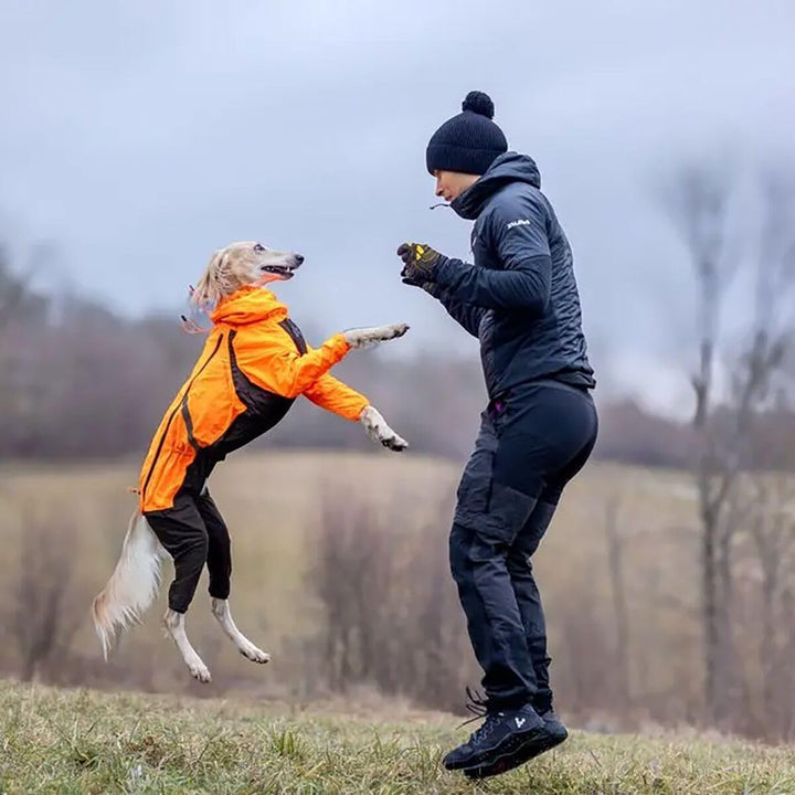 Non-Stop Dogwear Fjord Regenmantel Overall, Reflektierend, Orange-Schwarz, Wasserdichter Hundemantel