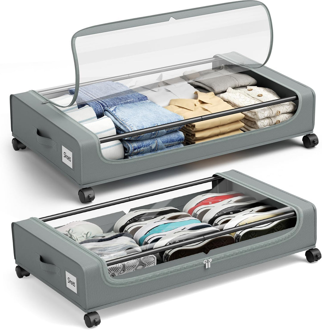 PHINOX Unterbett-Aufbewahrungsbox mit Rollen,2 Stück (74x42x16cm) - Graue Aufbewahrungsbox mit Klars