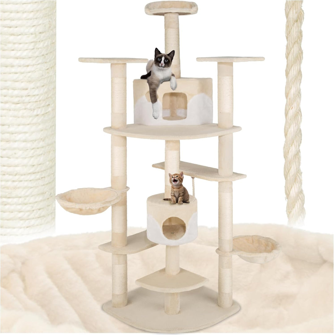 TecTake Katzen Kratzbaum mit XXL Liegemulde | 2 Katzenhäusern | deckenhoch - Diverse Farben - (beige