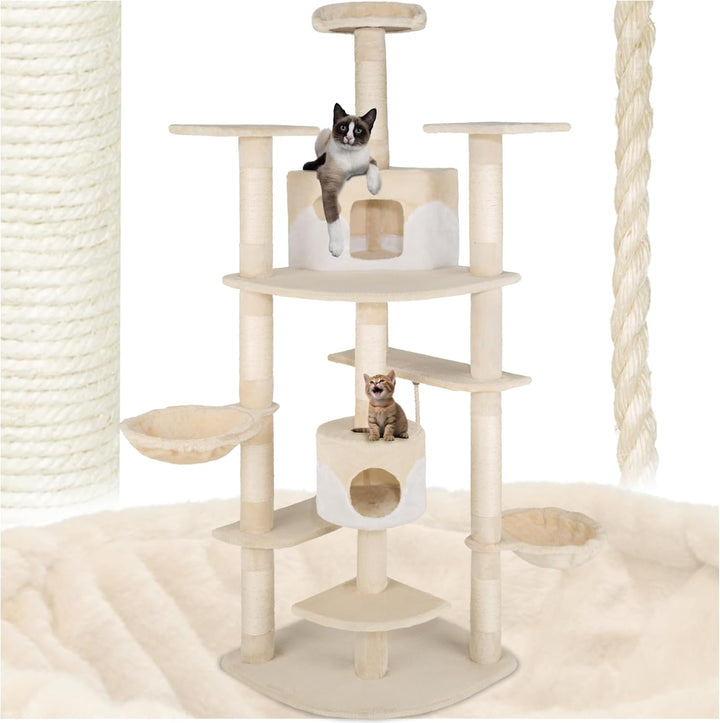 TecTake Katzen Kratzbaum mit XXL Liegemulde | 2 Katzenhäusern | deckenhoch - Diverse Farben - (beige