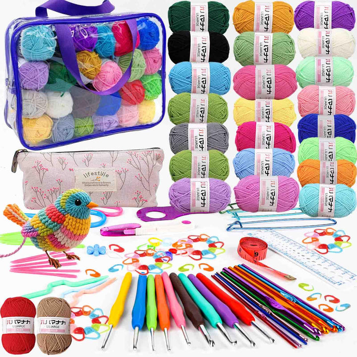 Häkelwolle Set,112pcs Häkelset für Anfänger mit 24*25g Häkelgarn,Ergonomische Häkelnadeln Stricknade