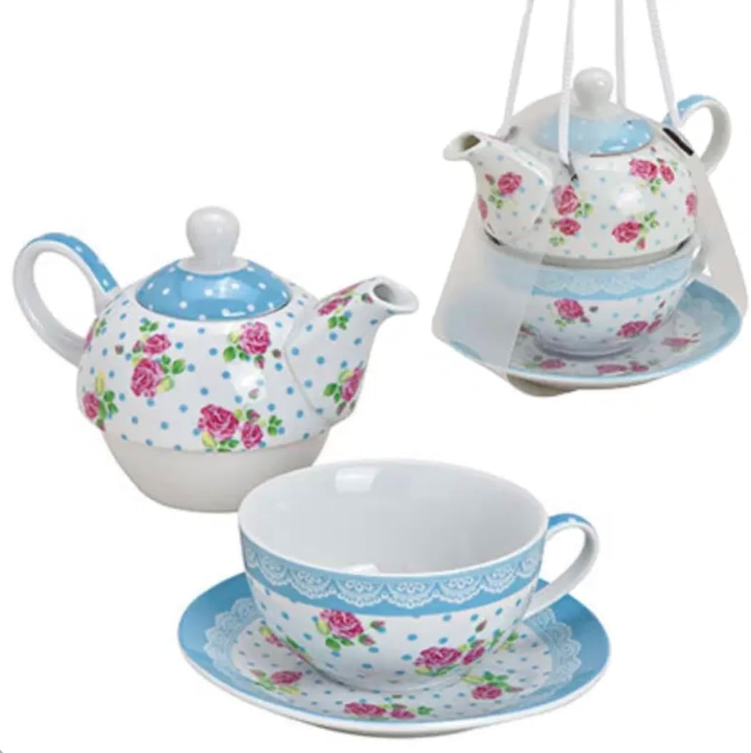 Porzellan-Teekannen-Set Tea for One mit Teekanne, Tasse und Unterteller, 3-teilig in Geschenkbox (Bl
