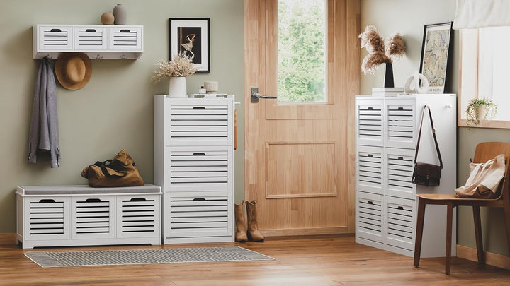 SoBuy Schuhschrank Hoch Weiss, Schuhkipper mit 3 Klappen und 6 Ablageflächen, Schuhkommode für Flur