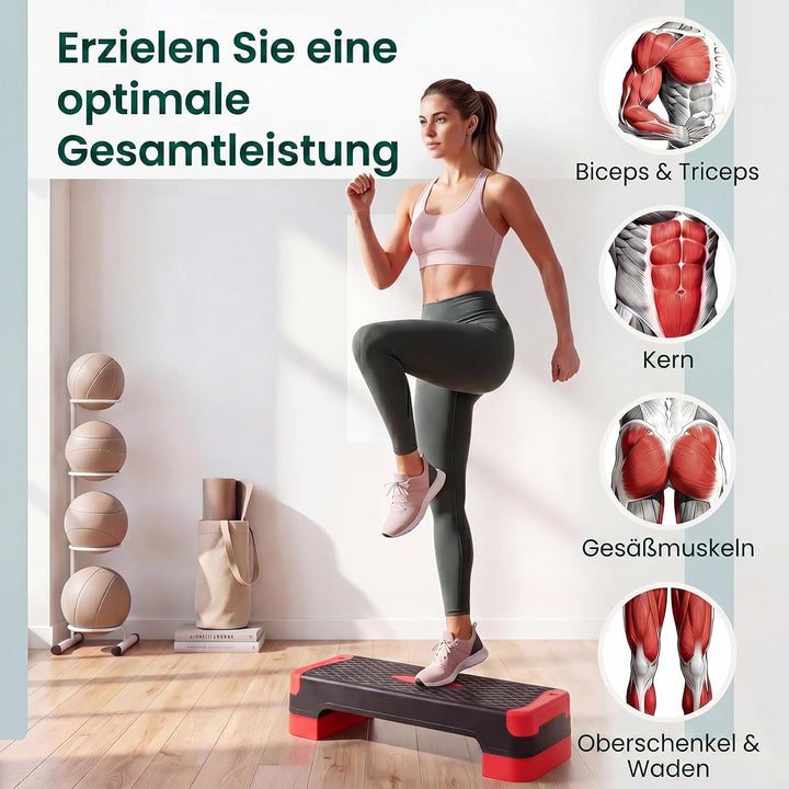 GYMAX Steppbrett, 4 Stufen Höhenverstellbar 10/14/15/19,5 cm | 3-in-1 Aerobic Stepbrett mit Balance