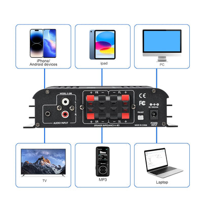 4 Kanal Mini Verstärker, 1200 W HiFi-Verstärker, Bluetooth 5.0-Stereoverstärker, UKW-Radio, tragbare