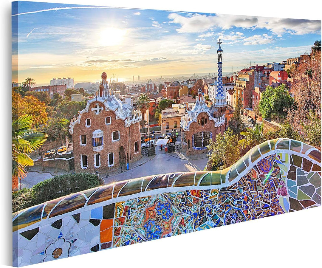 islandburner Bild auf Leinwand Barcelona Park Guell Spanien Sonne Bilder Wandbilder Poster 80L x 40B