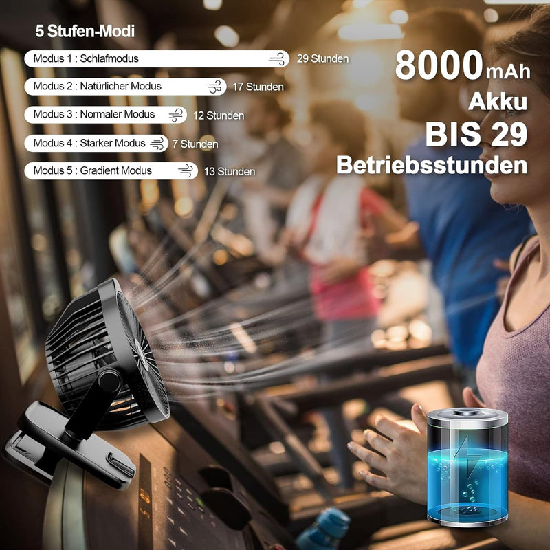 8000mAh Mini USB Clip Ventilator Akku, Klein Tischventilator leise mit Fernbedienung, LED-Anzeige, 5