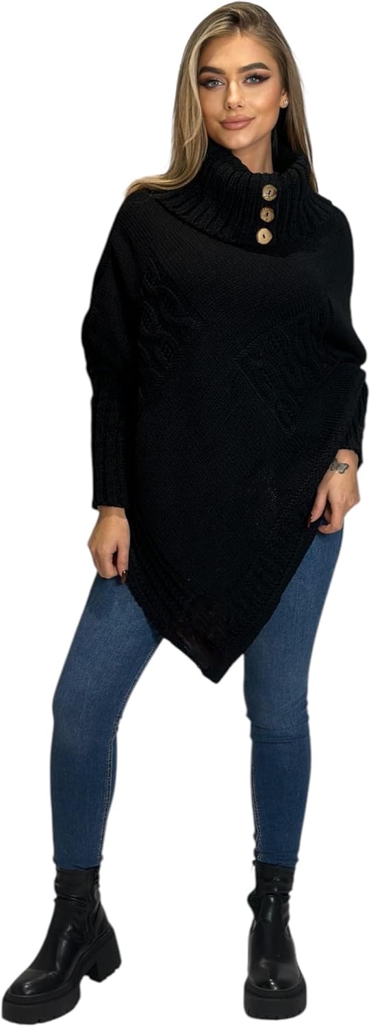 Mississhop Poncho Strick Sweatshirt Pullover Umhang Überwurf Einheitsgrösse Schwarz, Einheitsgrösse