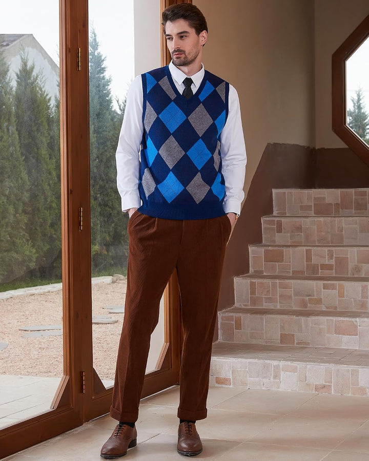 Kallspin Herren Argyle Gestrickt Ärmellos Pullover Wollmischung V-Ausschnitt Strickwesten M Marinebl