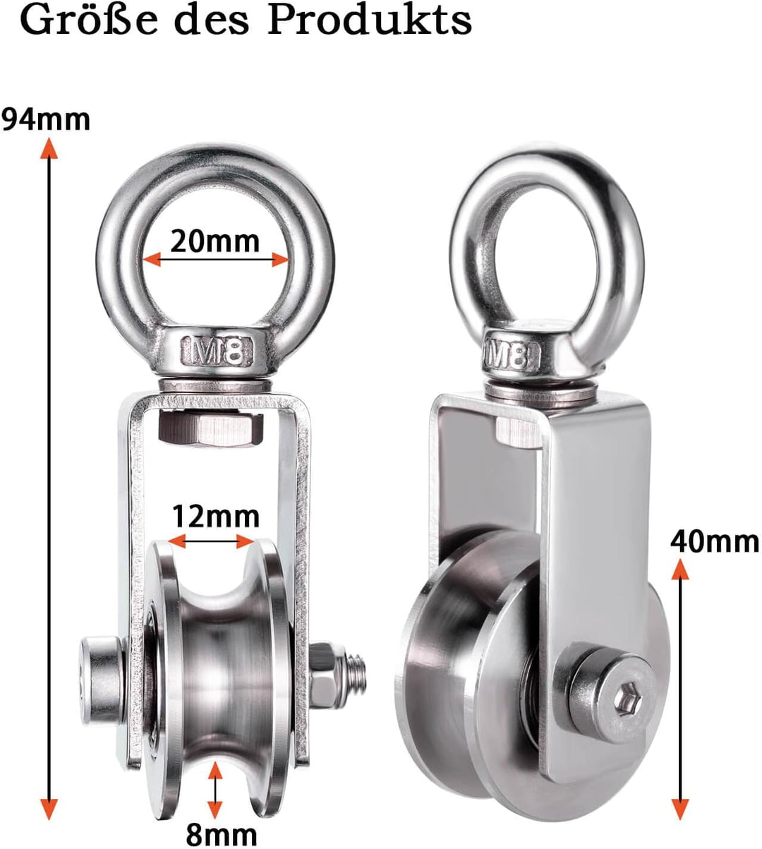 Umlenkrolle mit 2 Kugellager, Edelstahl Fitness flaschenzug, 40mm Umlenkrollen für 8mm Seile Stahlse