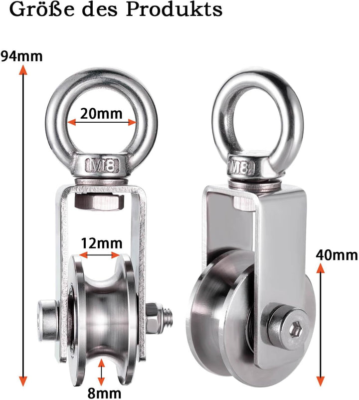Umlenkrolle mit 2 Kugellager, Edelstahl Fitness flaschenzug, 40mm Umlenkrollen für 8mm Seile Stahlse