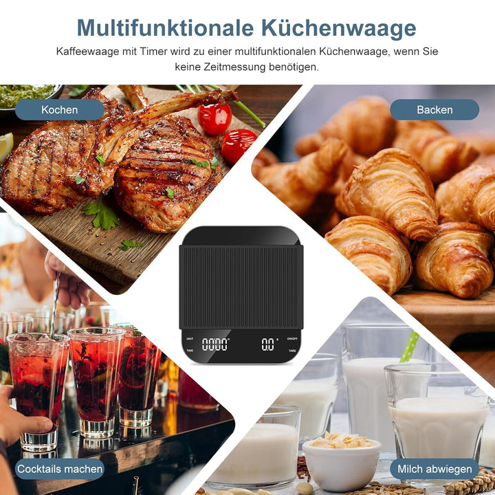 Kaffeewaage mit Timer, Espresso Waage 3kg/0.1g, Hochpräzise Feinwaage, type-C Wiederaufladbare Küche