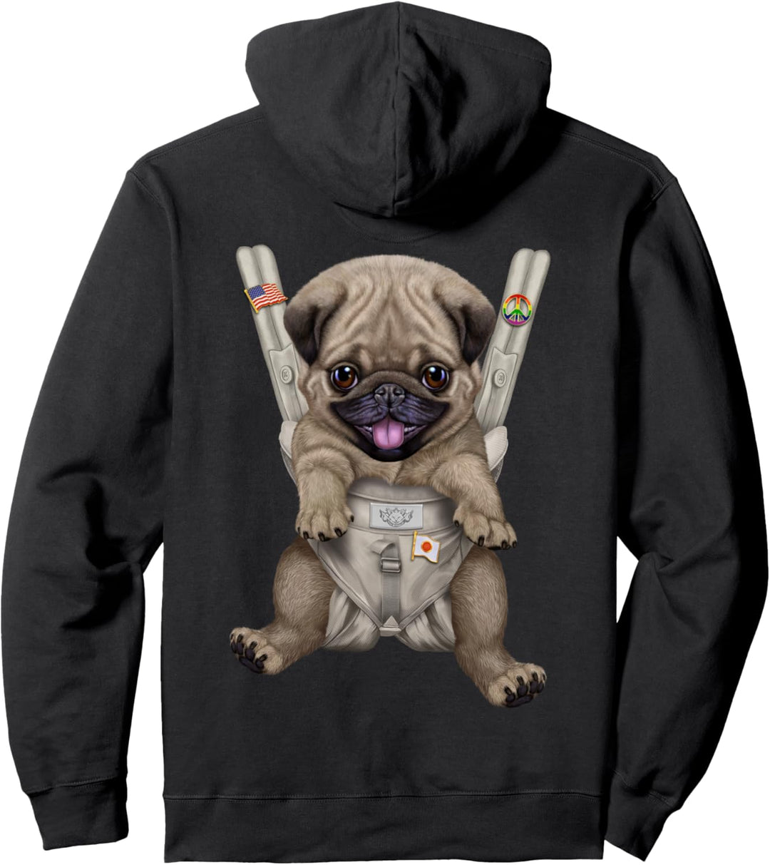 Glücklicher brauner Mops-Hund in der Babytrage Pullover Hoodie