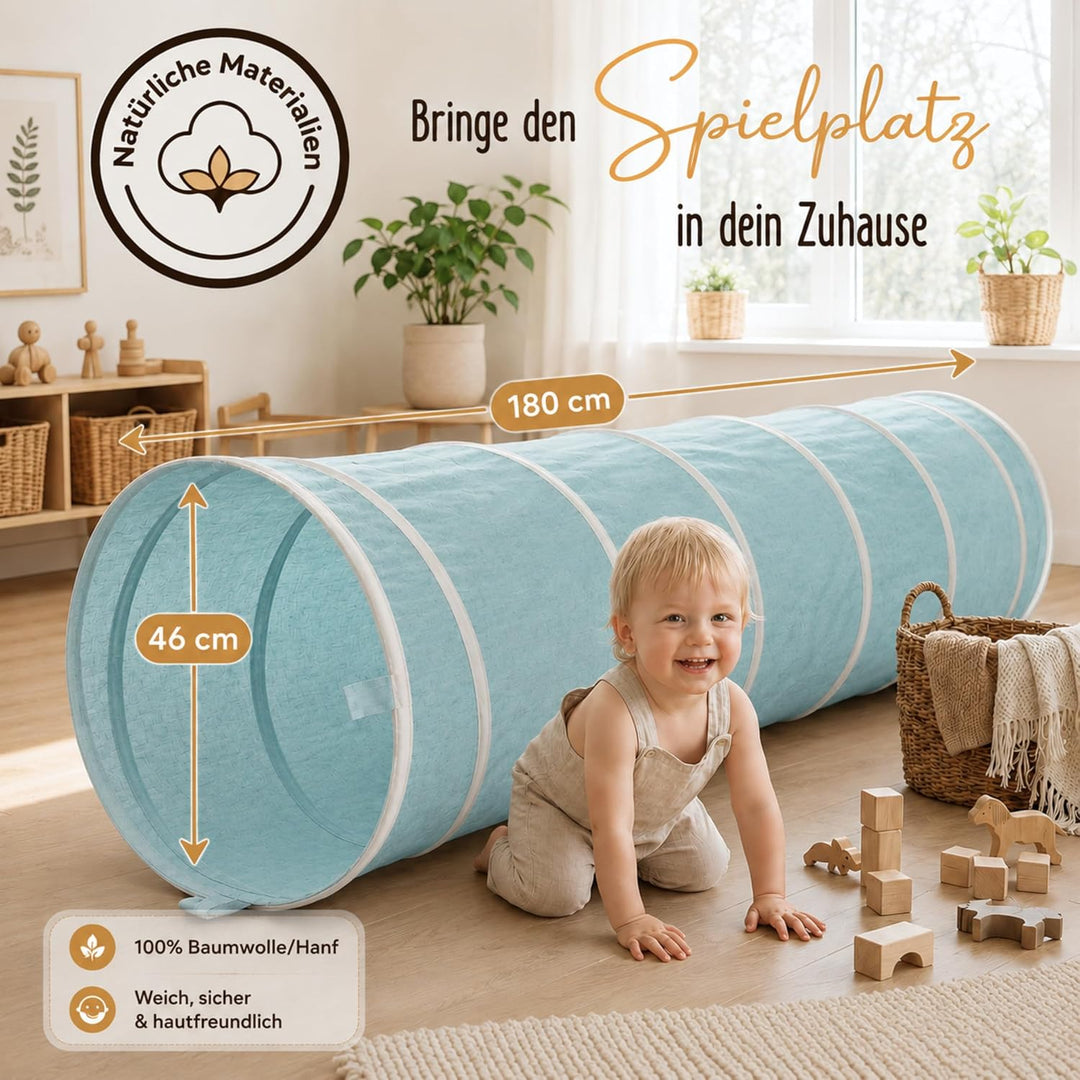 LIONHERZ® Spieltunnel für Kinder aus Baumwolle/Hanf mit Klettverschlüssen [180cm x 46cm] Krabbeltunn