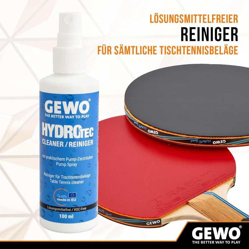 Gewo HydroTec Tischtennis Reinigungsset für Beläge, Grip Spray mit saugfähigem Reinigungsschwamm, Lö