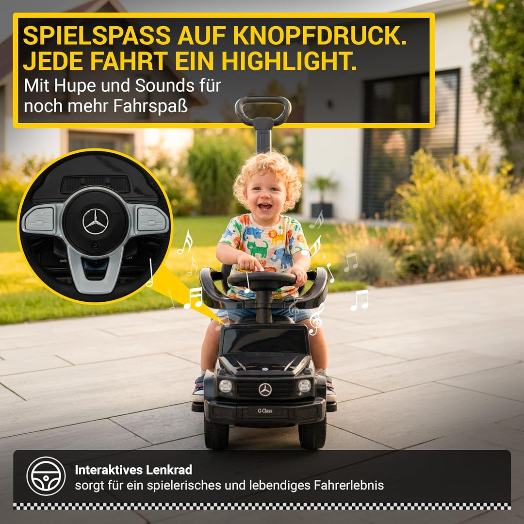 Actionbikes Motors Lauflernwagen Mercedes G350d | Rutschauto mit Schiebestange Schutzbügel Sonnendac