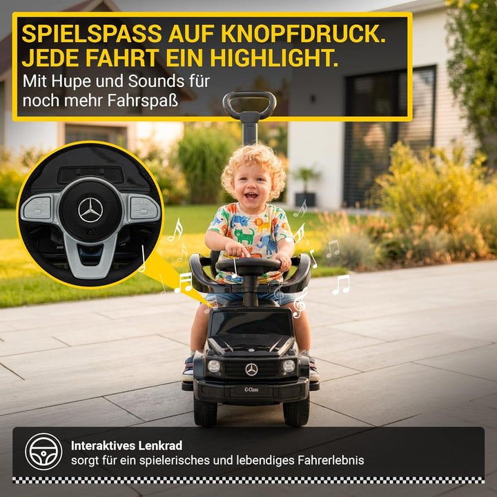 Actionbikes Motors Lauflernwagen Mercedes G350d | Rutschauto mit Schiebestange Schutzbügel Sonnendac