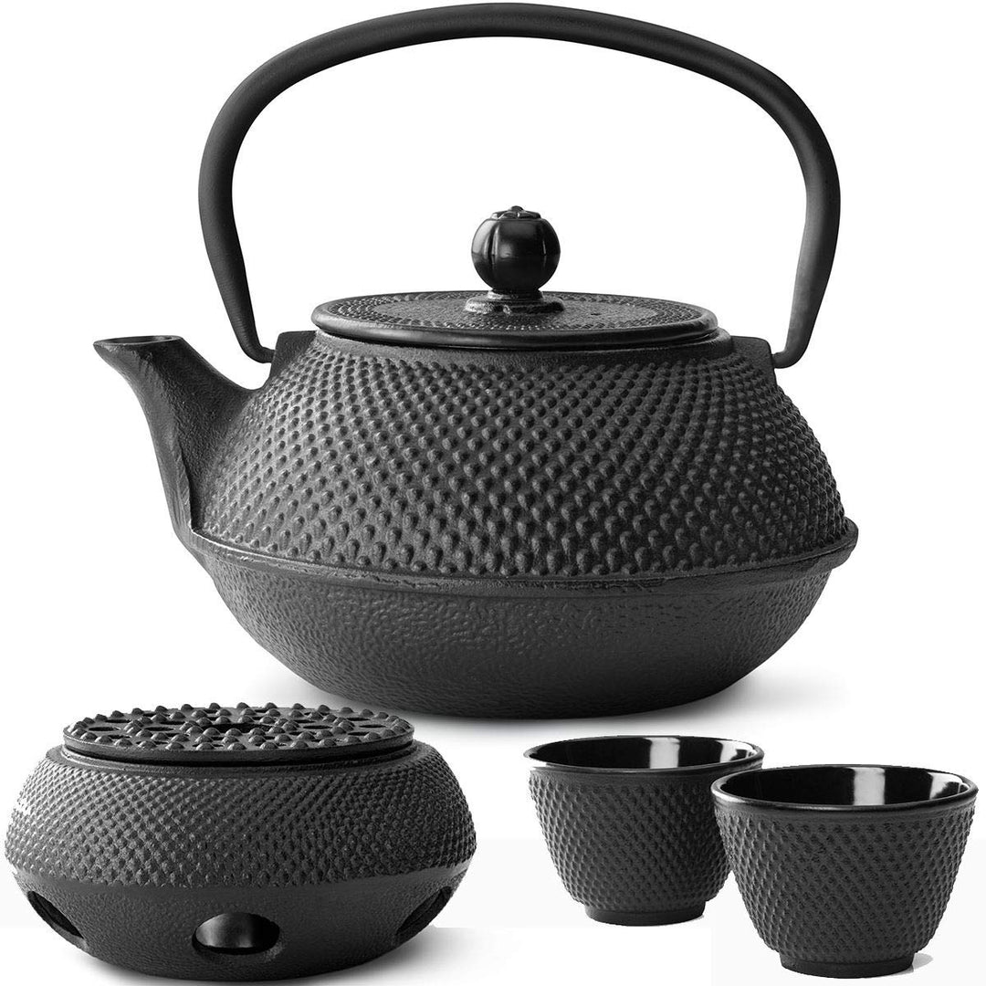 Teekanne asiatisch Gusseisen Set schwarz 0.8 Liter mit Edelstahl Tee-Filter-Sieb-Einsatz für losen T