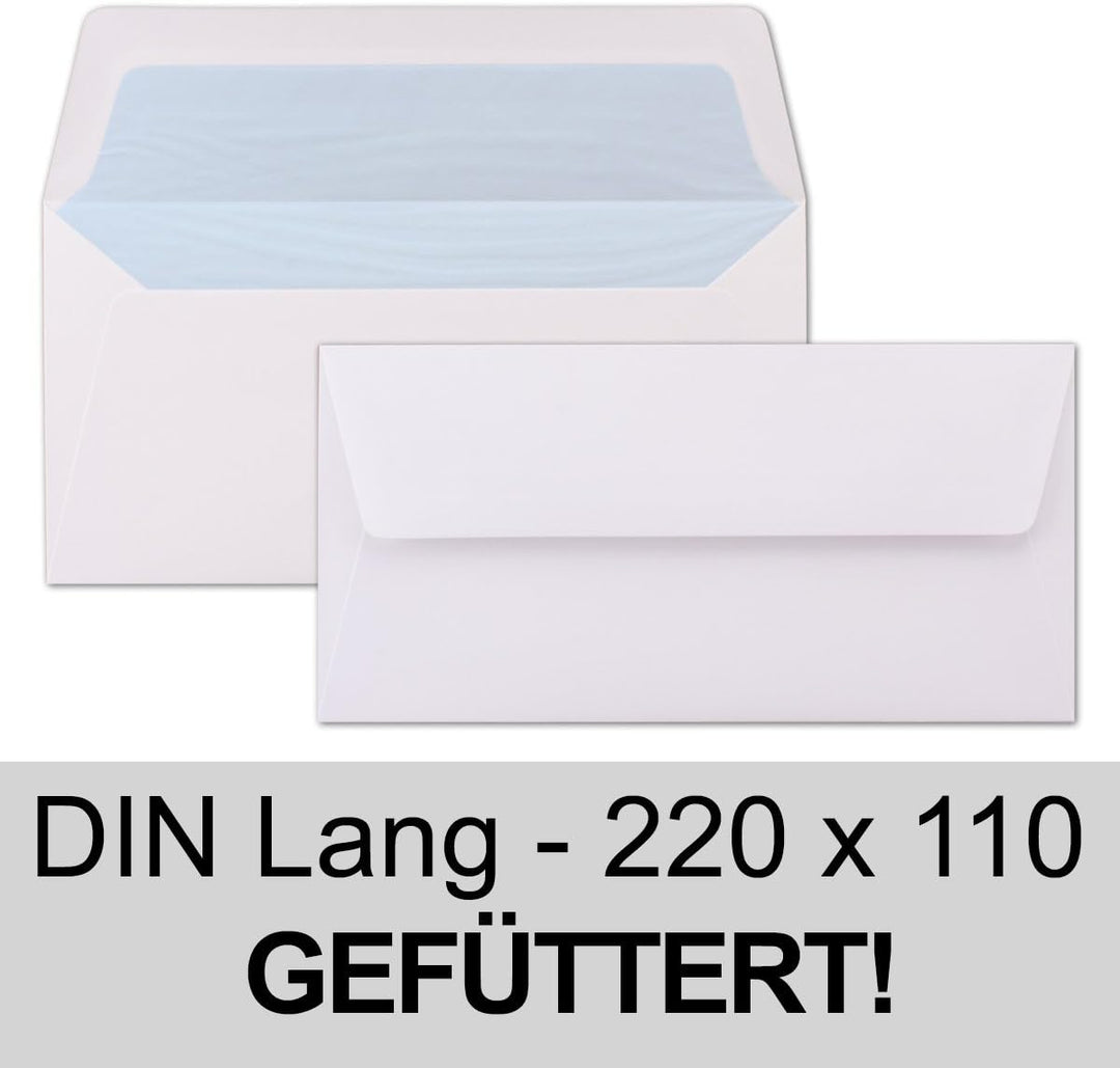 400 Briefumschläge Weiss - DIN Lang - gefüttert mit hellblauem Seidenpapier - 22 x 11 cm - Nassklebu