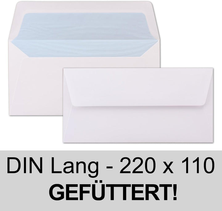 400 Briefumschläge Weiss - DIN Lang - gefüttert mit hellblauem Seidenpapier - 22 x 11 cm - Nassklebu