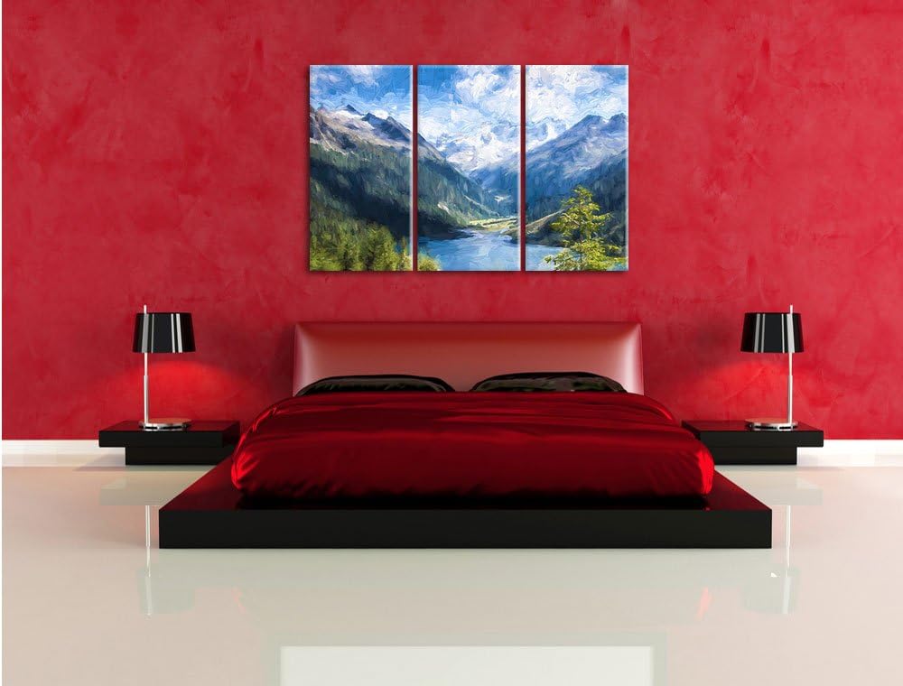 Pixxprint See zwischen Bergen Pinsel Effekt 3-Teiler Leinwandbild 120x80 Bild auf Leinwand