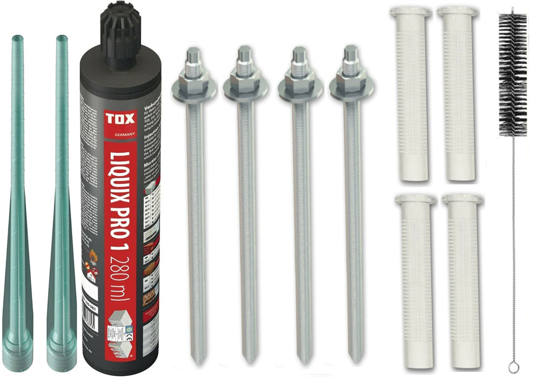 Schwerlastbefestigung SET M10x130mm VERZINKTER STAHL 5.8 TOX Verbundmörtel Liquix Pro 1 + 4 Gewindes
