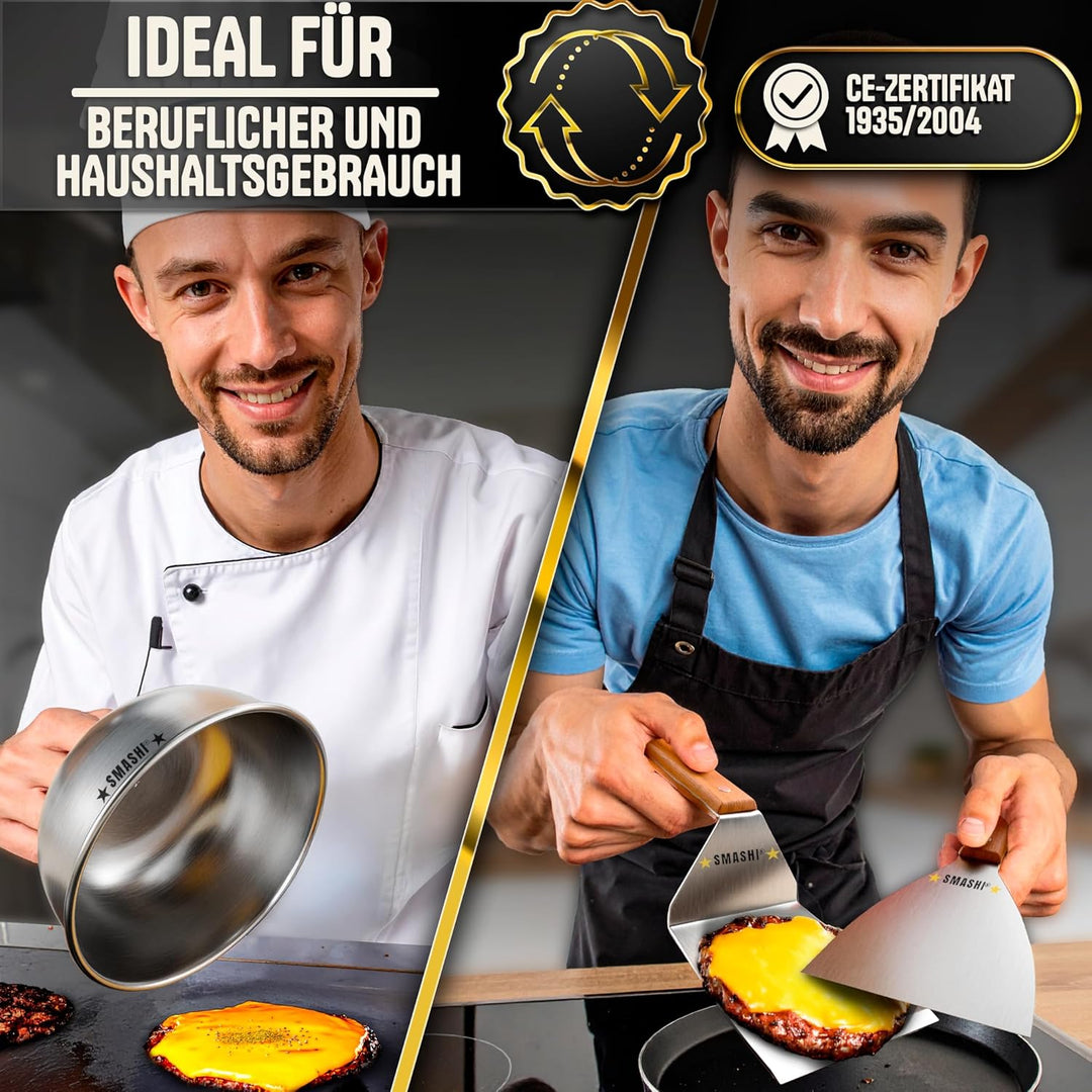 SMASHI® Smash Burger Set mit Holzgriffen – Grillzubehör aus Edelstahl 304 Burgerpresse, Spachteln &
