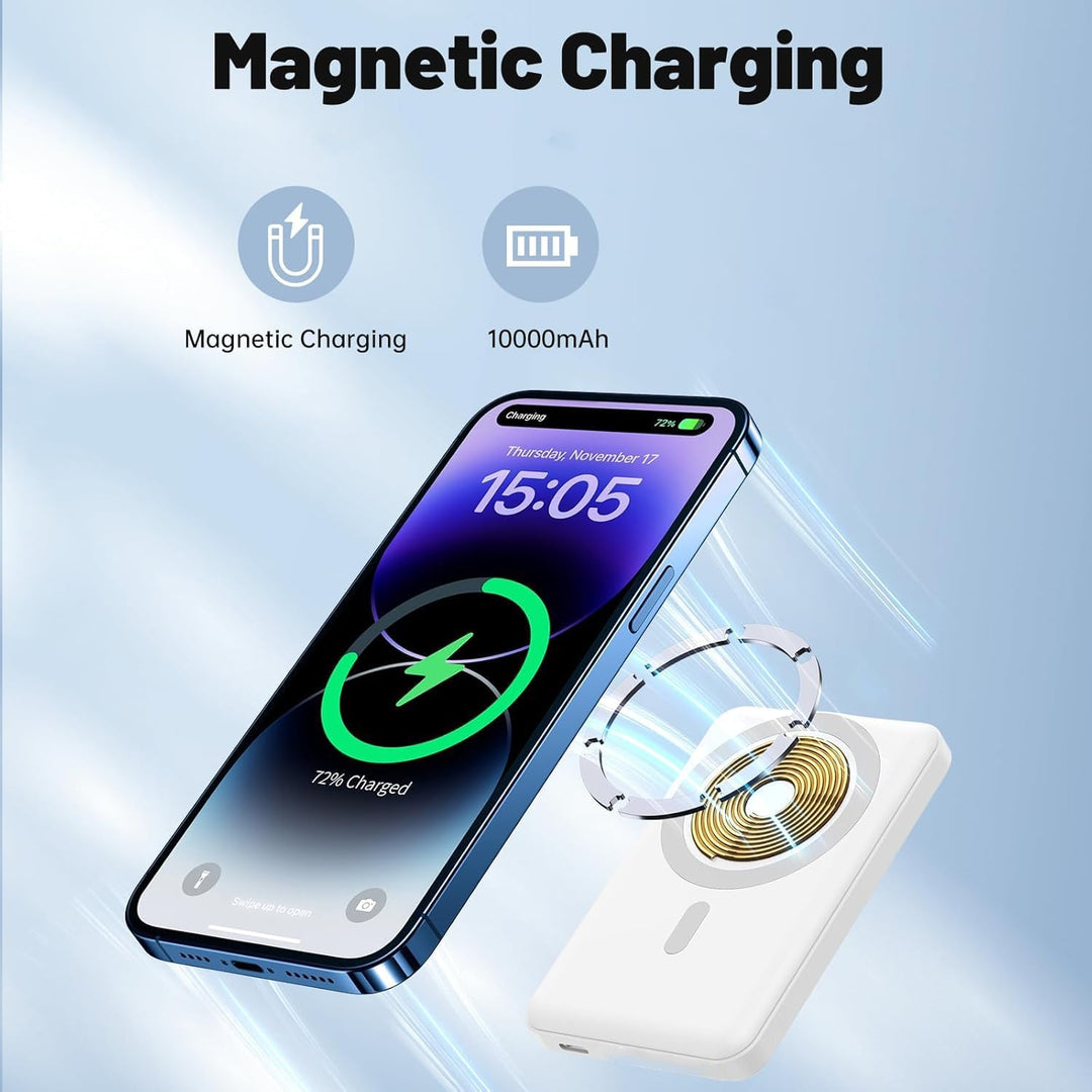 Power Bank, 10000mAh Wireless Magnetische Powerbank, 20W Schnellladefunktion USB-C In&Out Tragbarer